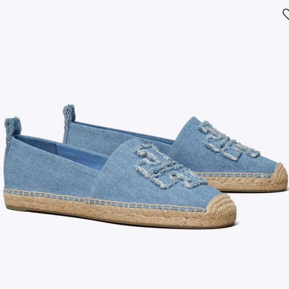 Tory Burch Frayed Logo Light Blue Denim Espadrilles